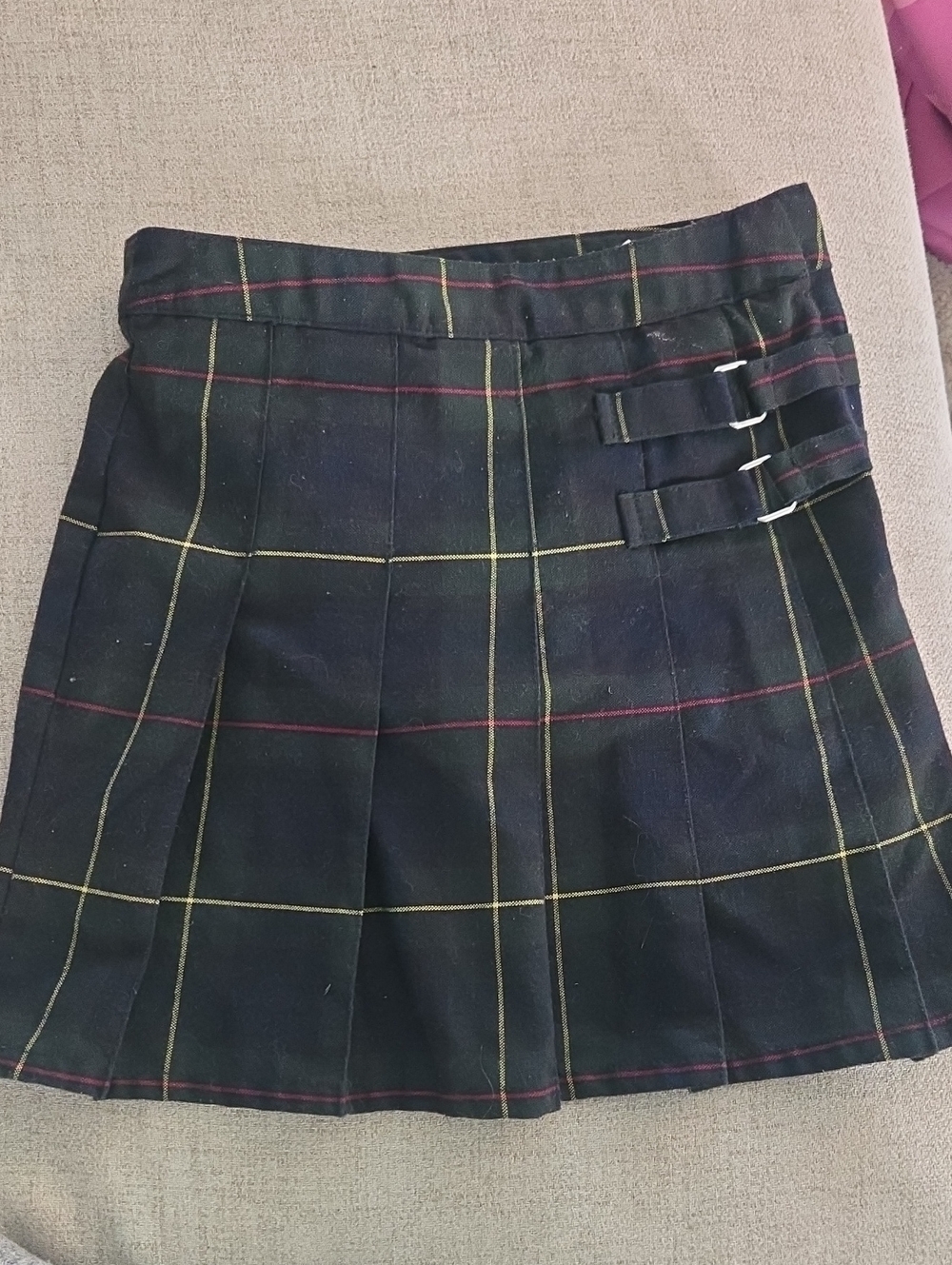 French Toast Navy Plaid Pleated Skirt with Buckle Detail